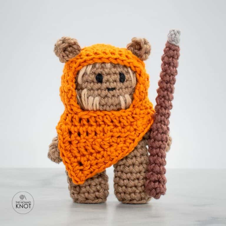 crochet Ewok Amigurumi Free Pattern on top of a marble table