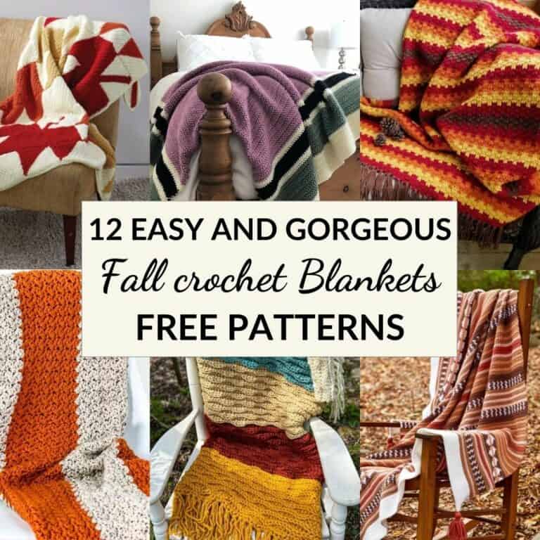A image featuring 6 beautiful fall crochet blankets with a text in the center that says "12 easy and gorgeous fall crochet blankets free patterns"