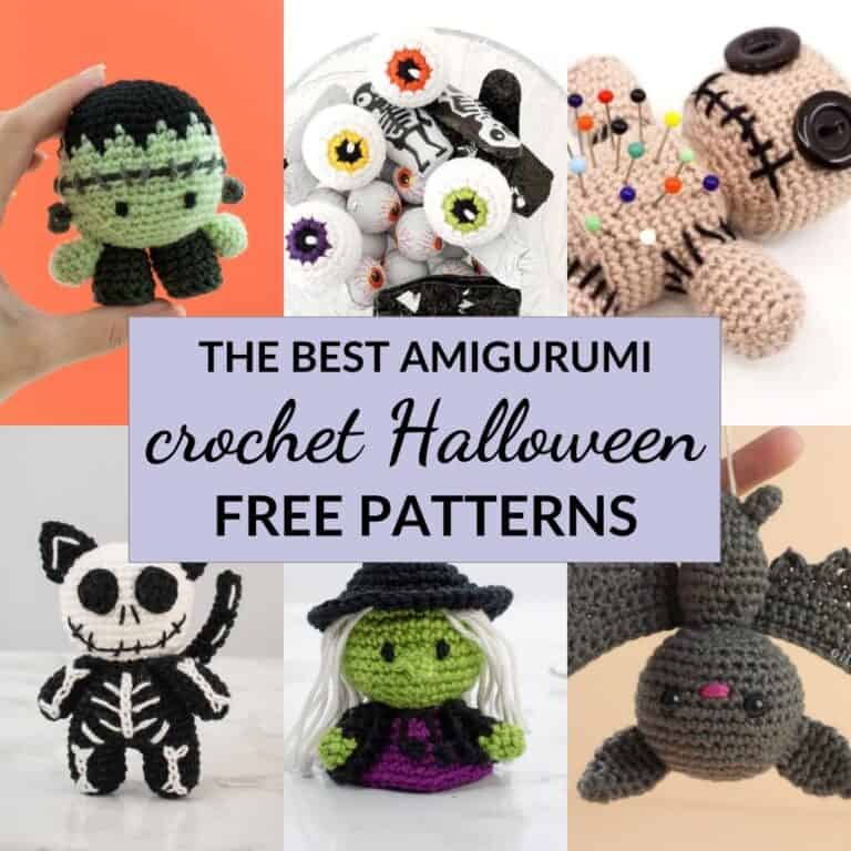 collage of 6 amigurumi Halloween patterns featuring a frankenstein, eyeball, skeleton cat, a green evil witch and a bat
