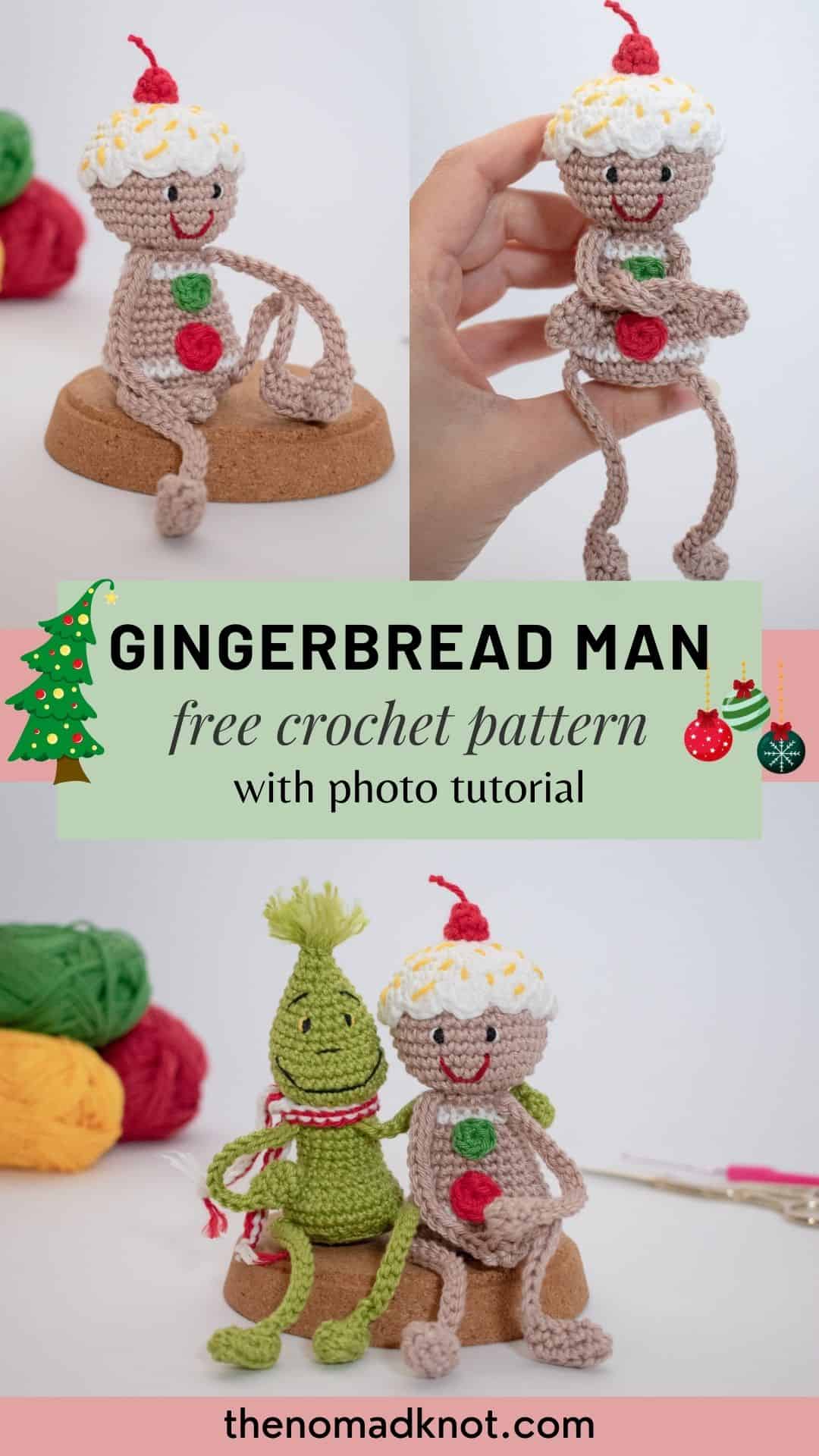 Pinterest image featuring a crochet posable gingerbread man free pattern posing on a white background