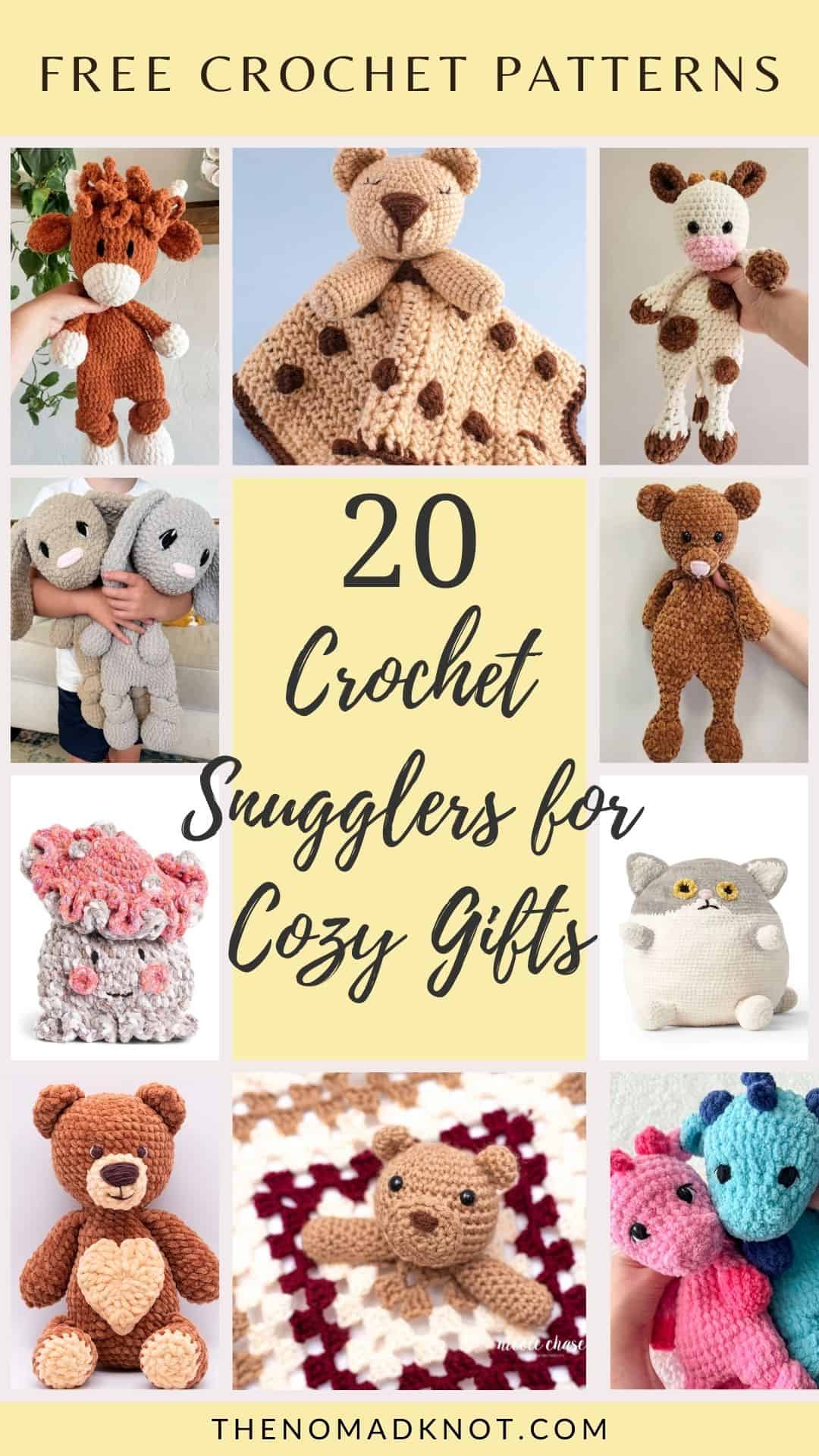 Pinterest image featuring 20 crochet snuggler free patterns