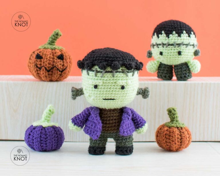 crochet Frankenstein free pattern on top of a wooden shelf with a orange background