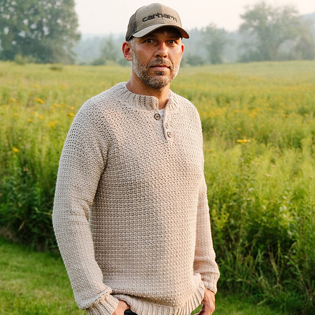 A man wearing a handmade, light beige crochet pullover sweater and a Carhartt baseball cap stands in a grassy field, looking at the camera.