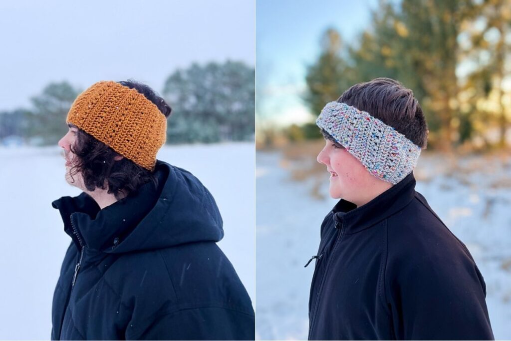 A side-by-side image showing two men wearing crochet ear warmers outdoors in the snow. The man on the left, shown in profile, wears a wide, golden-mustard colored ear warmer. The man on the right, also in profile, wears a similar style ear warmer made from a light gray yarn with colorful speckles.