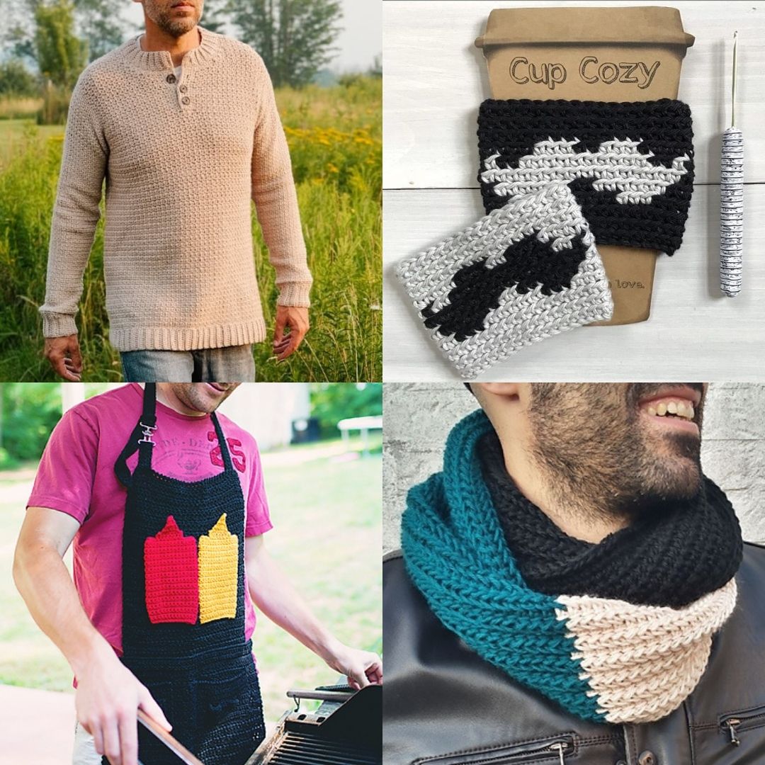 A collage-style feature image for a roundup post about crochet gifts for men, showing three examples: a man in a beige crochet sweater, a man wearing a color-blocked cowl, and a man grilling in a crochet apron.